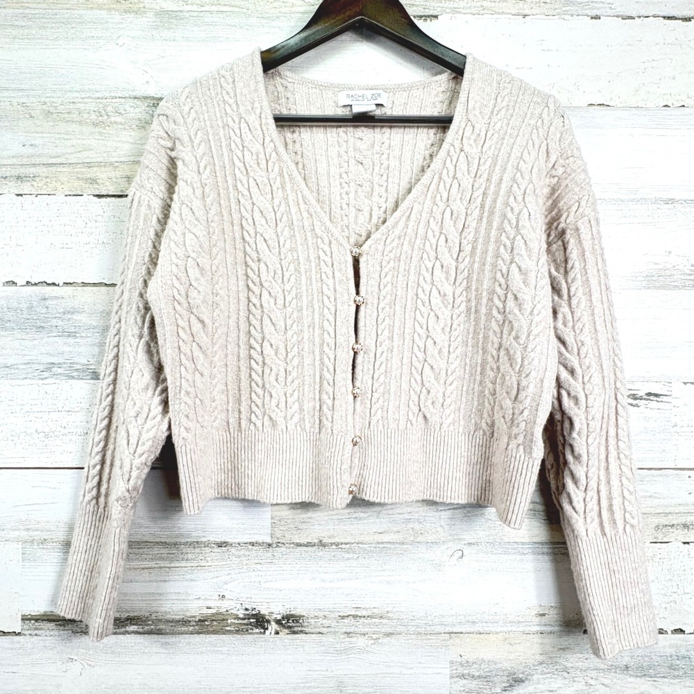 Rachel Zoe Cable Knit Cropped Cardigan Pearl Button Light Tan Cream Size M